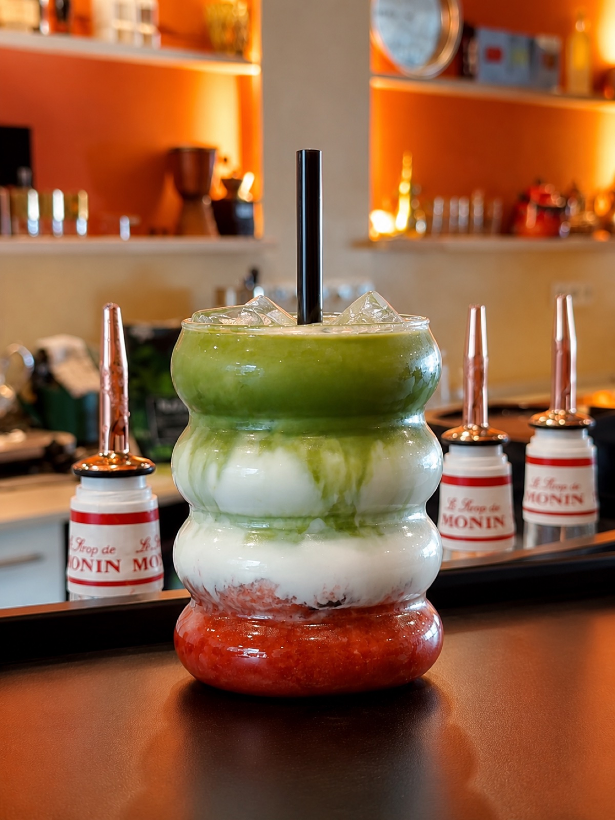 Handgeschichteter Matcha im geschwungenen Glas mit Milchschaum und einer Erdbeer-Basis.
