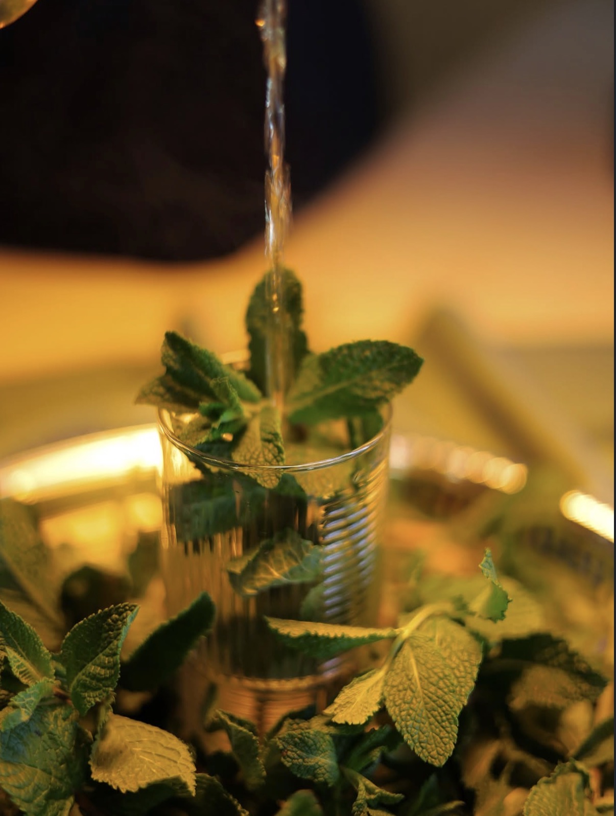 Marokkanischer Minztee wird in ein Glas mit frischer Minze eingeschenkt.